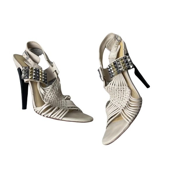 L.A.M.B 'Dakota' Cream Leather Strappy Woven Studded  Stiletto Sandal Heels 7.5M - Picture 2 of 12